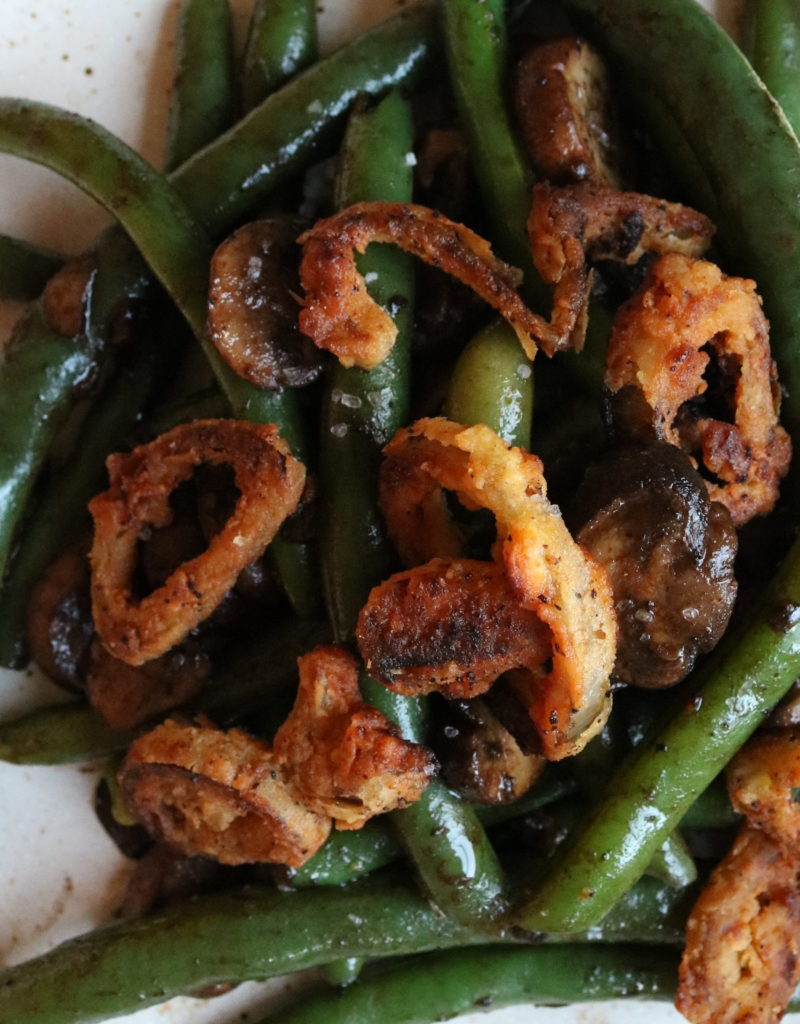 green beans with sauteed mushrooms and crispy shallots