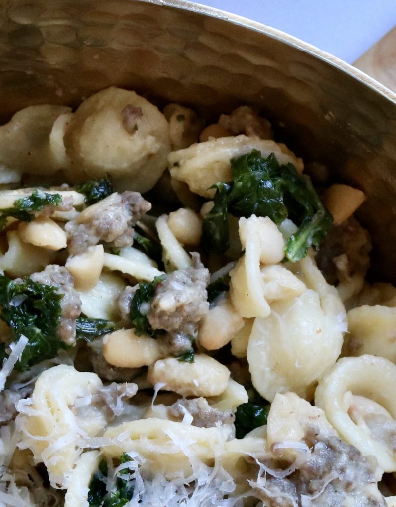 kale and white bean orcchiette with ground pork and parmesan