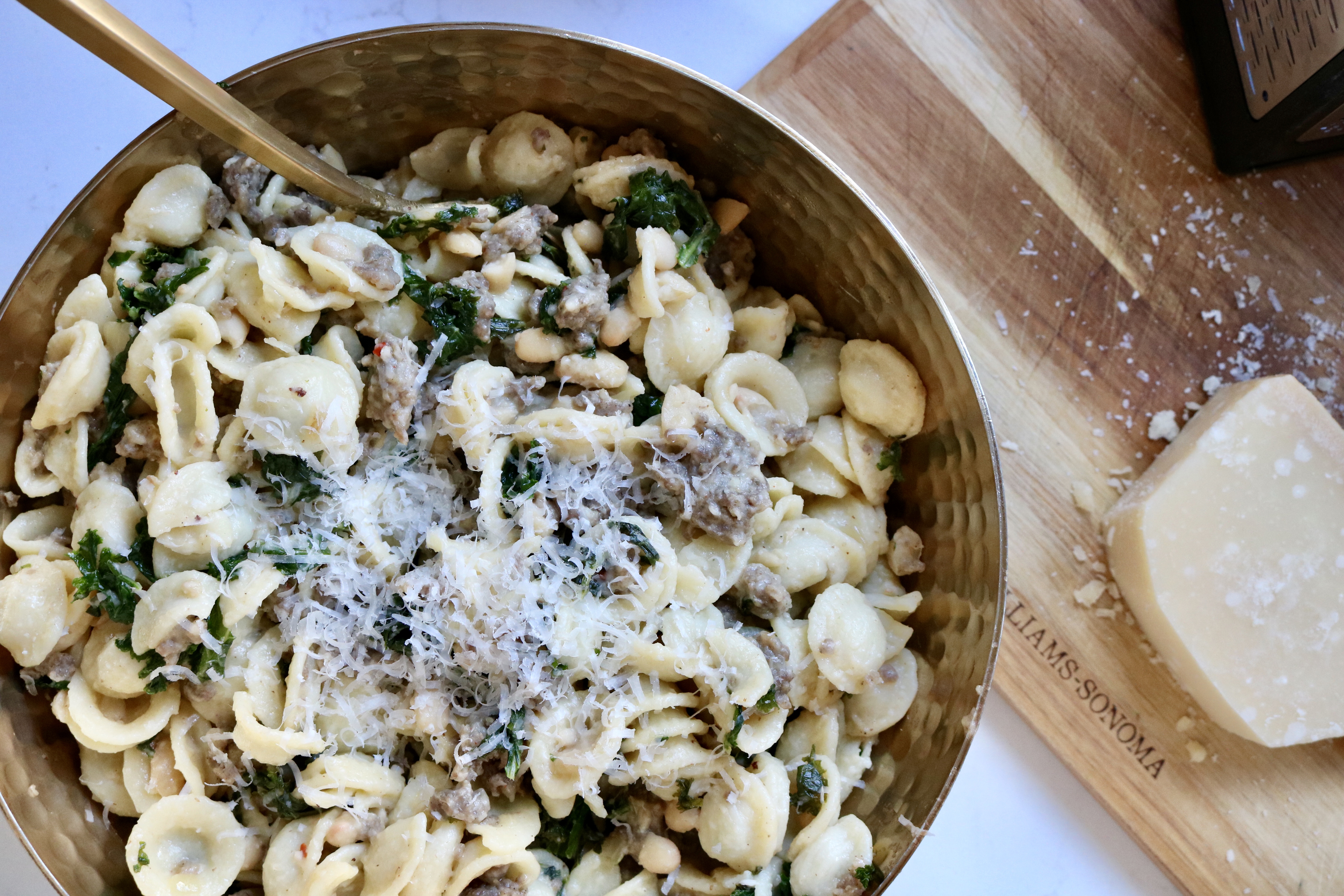 Kale and white bean Orecchiette with ground pork and parmesan - Honest  Darling