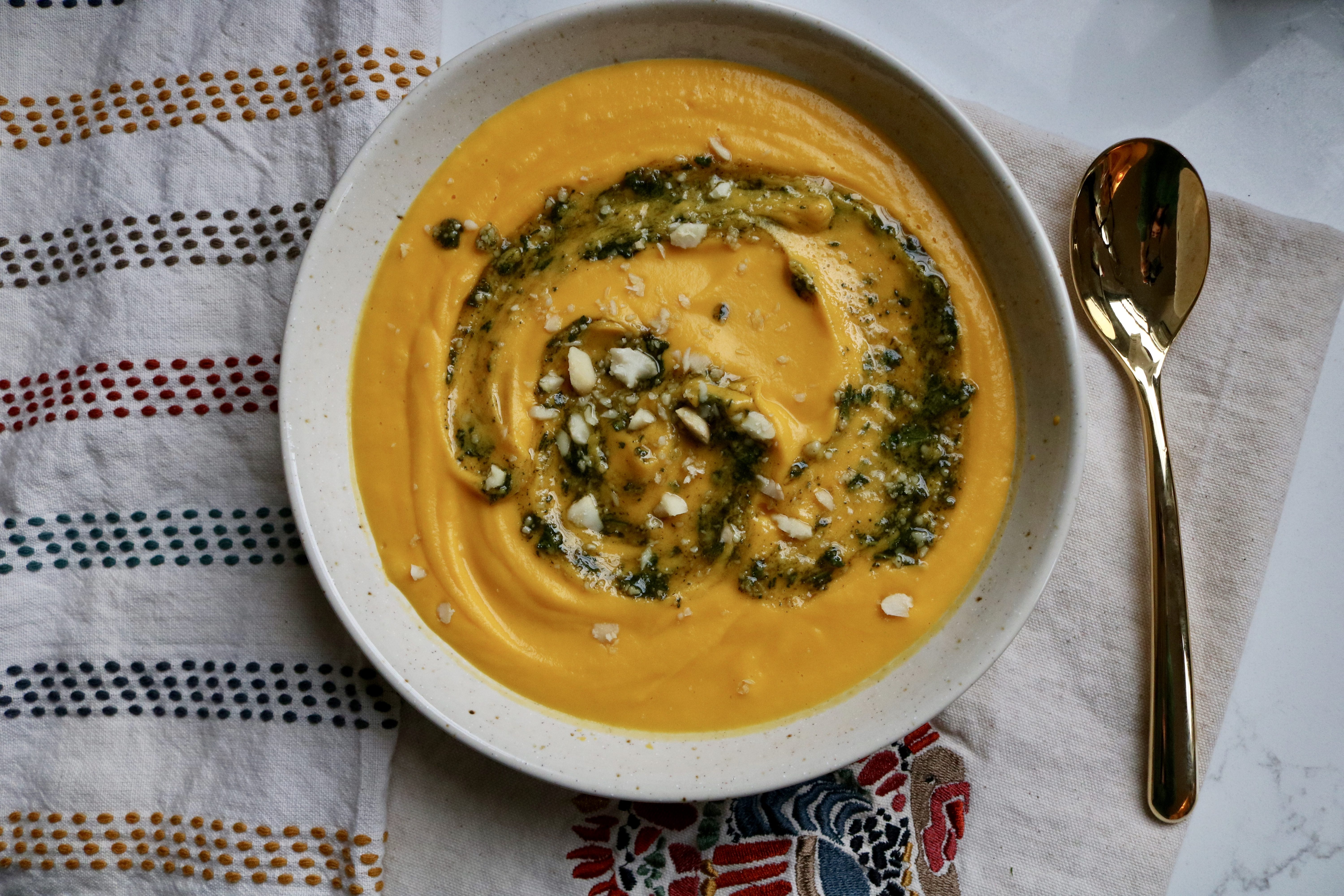 butternut squash bisque w/sage and macadamia nut pesto