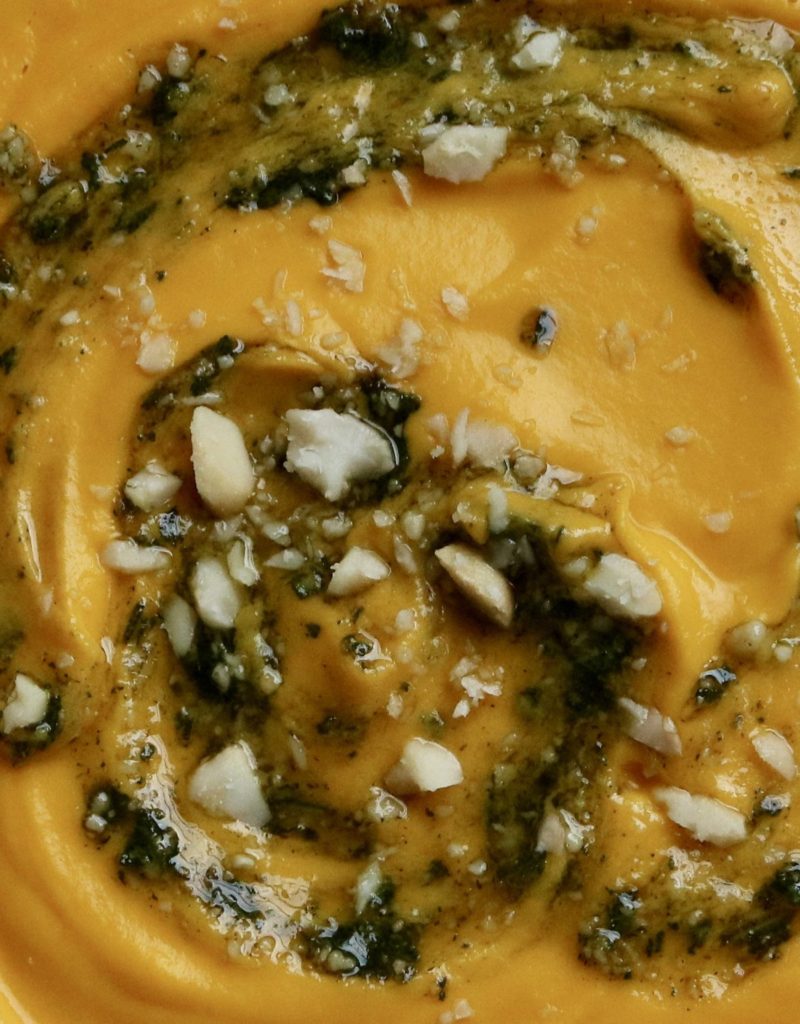 butternut squash bisque w/sage and macadamia nut pesto