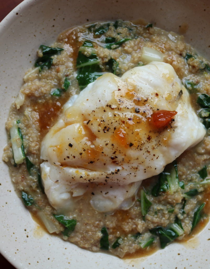 apricot glazed cod with coconut quinoa risotto