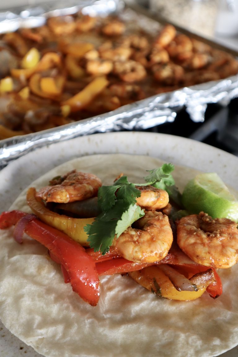 Sheet Pan Shrimp Fajitas - Honest Darling