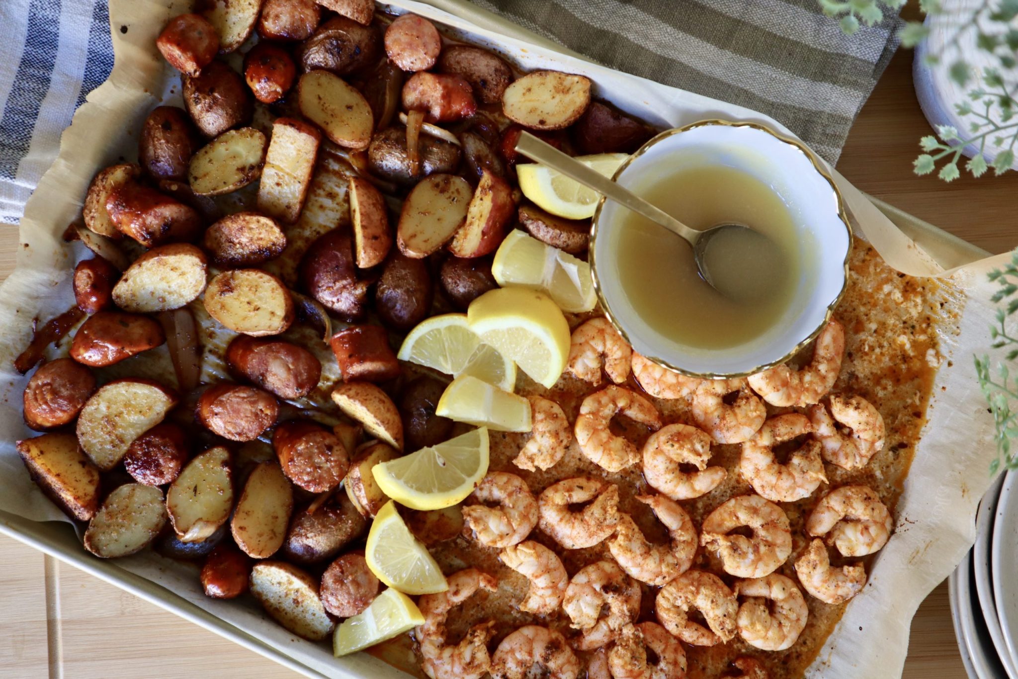 Sheet Pan Cajun Shrimp with Honey Garlic Butter Sauce - Honest Darling