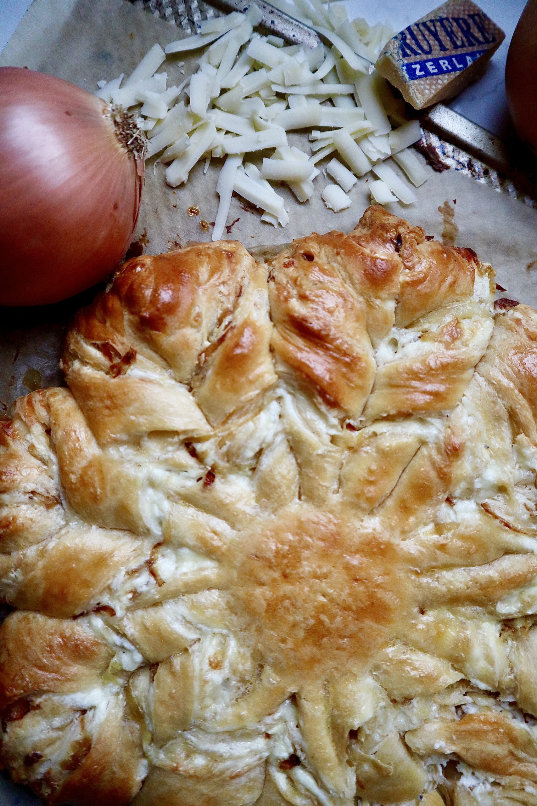 gruyere and caramelized onion crescent roll snowflake