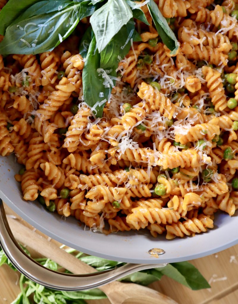 fusilli pasta with vodka sauce and peas