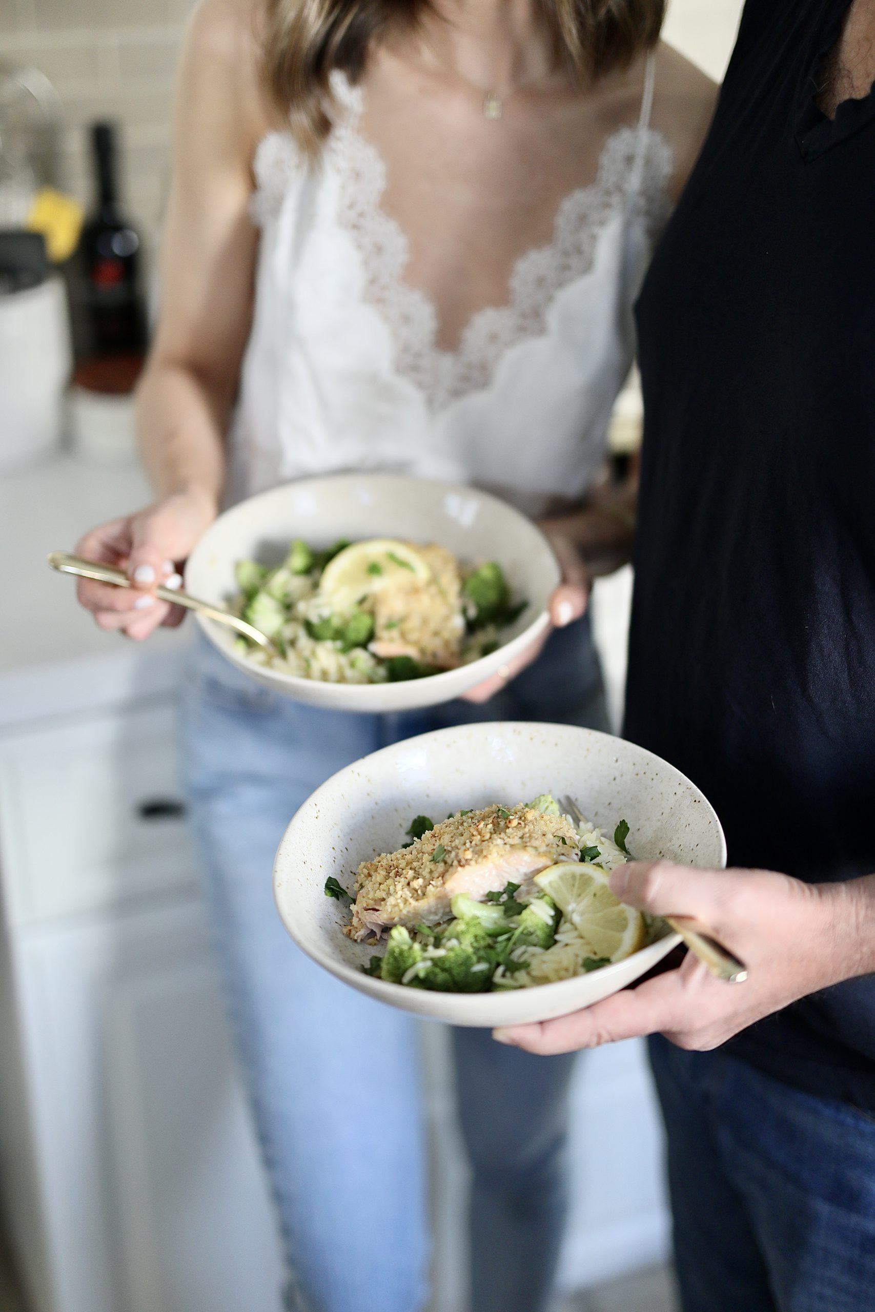 walnut crusted salmon with lemon orzo