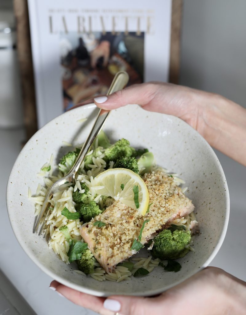 walnut crusted salmon with lemon orzo