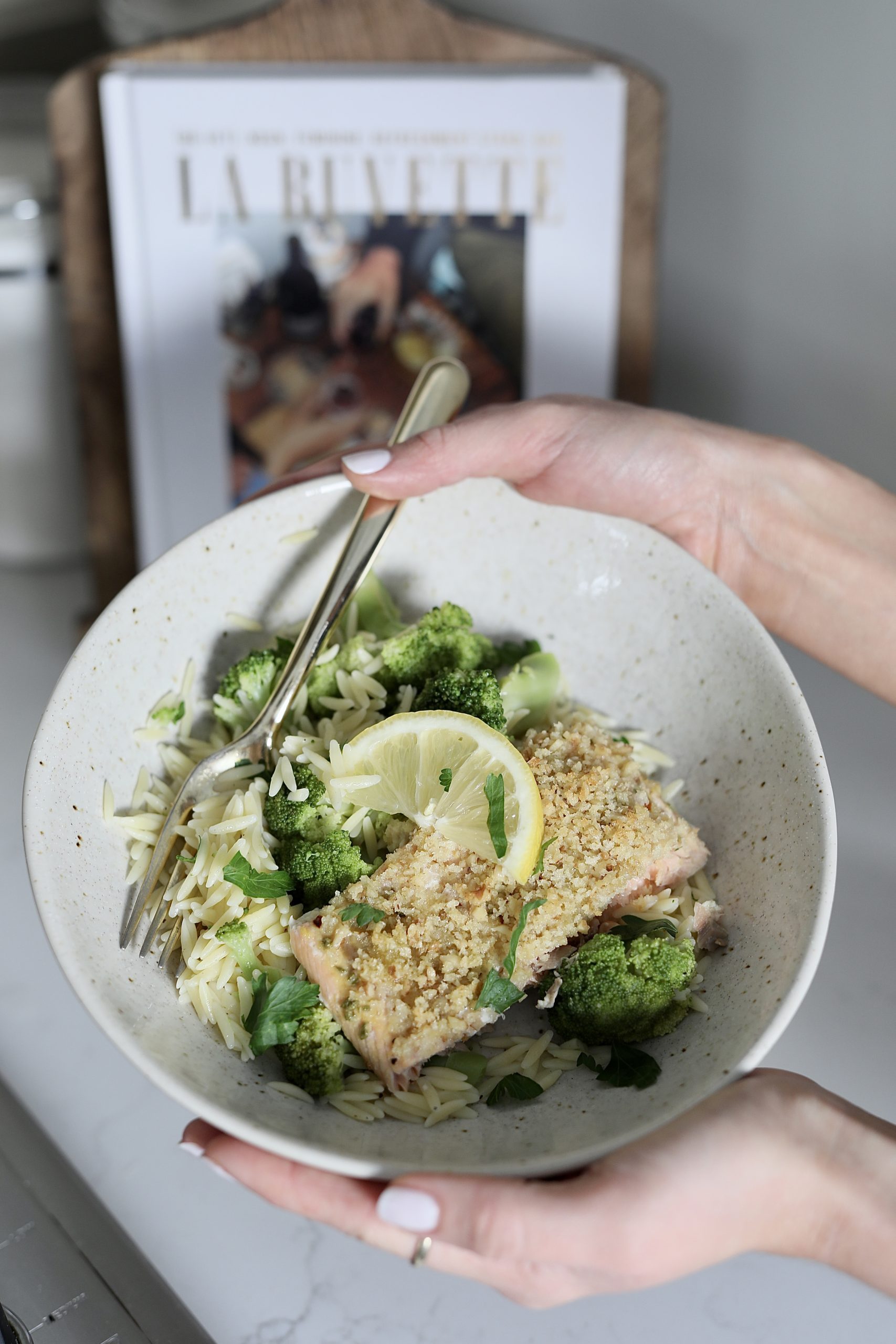 walnut crusted salmon with lemon orzo