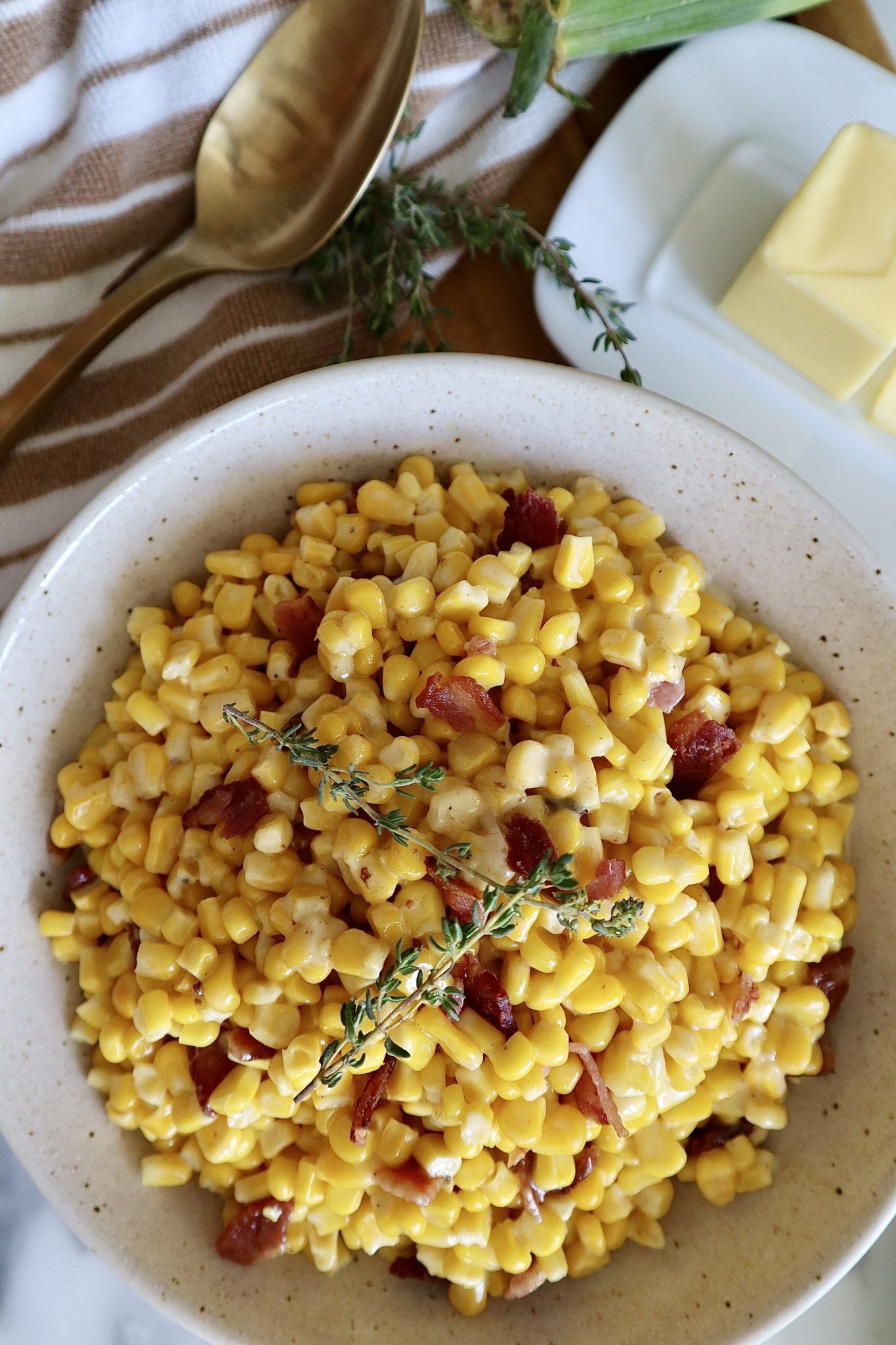 Easy Creamed Corn with Bacon - Honest Darling